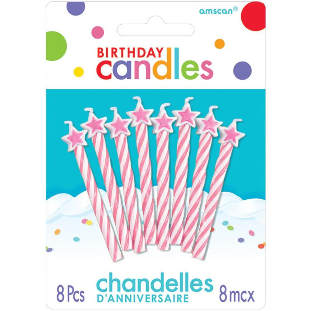 Spiral Birthday Candles With Stars - Lt. Pink 8/pkg.