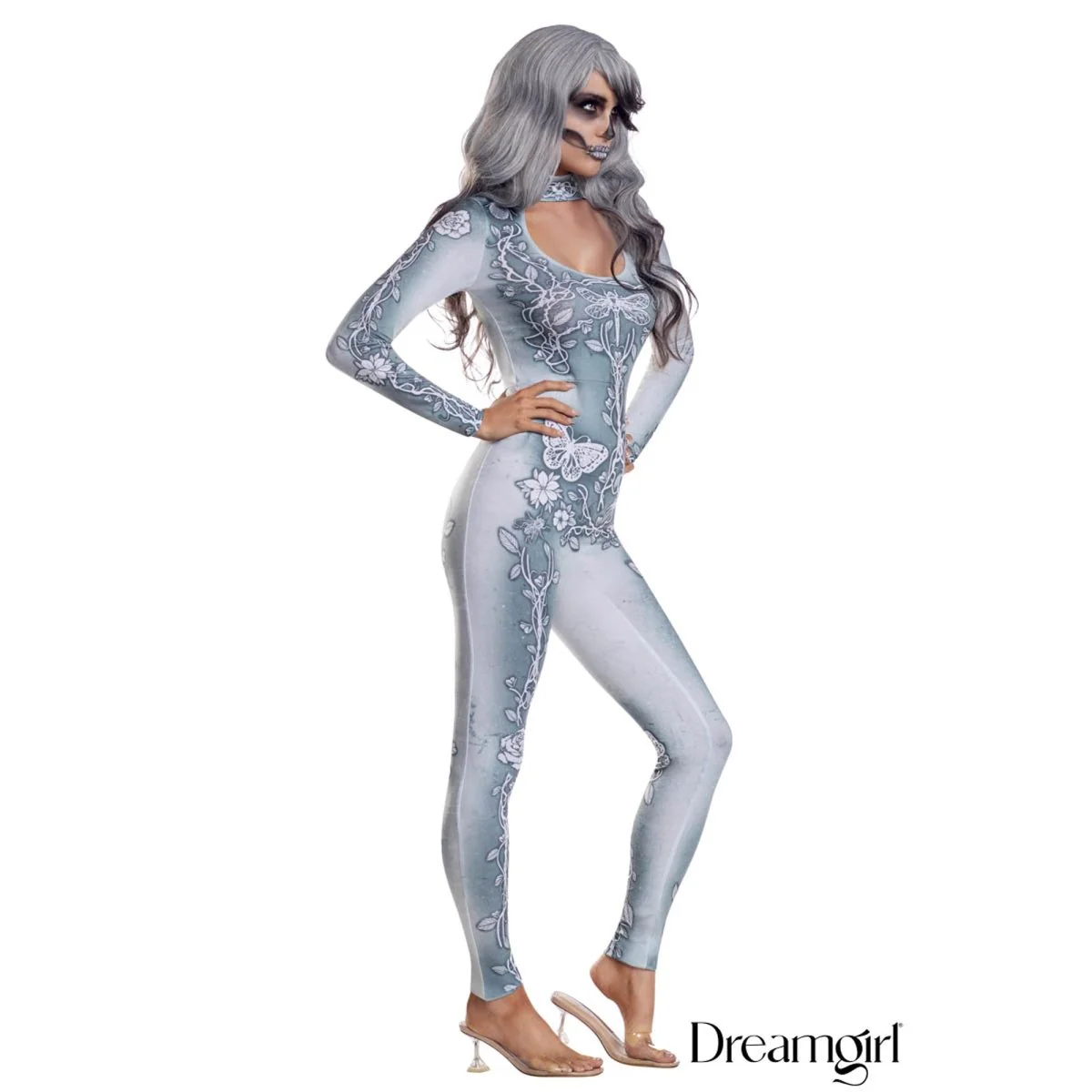 Beautiful Bones Costume for Adults, Silver Jumpsuit - Image 2