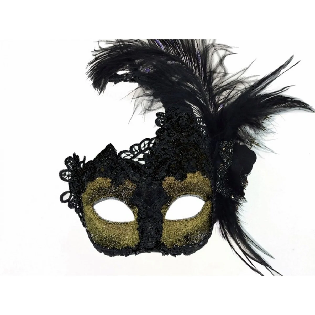 Black and Gold Sequin Venetian Mask with Side Feather, 1 Count