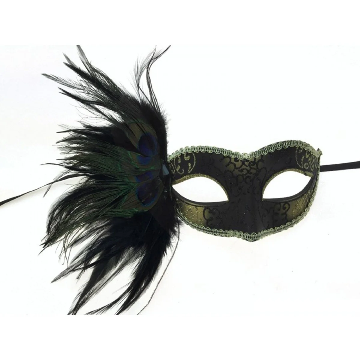 Black and Gold Venetian Mask with Side Feather, 1 Count