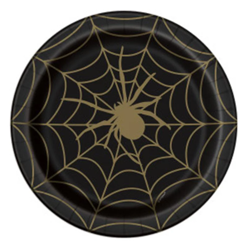 Black & Gold Spider Web paper plates 9 inches, 8 per package