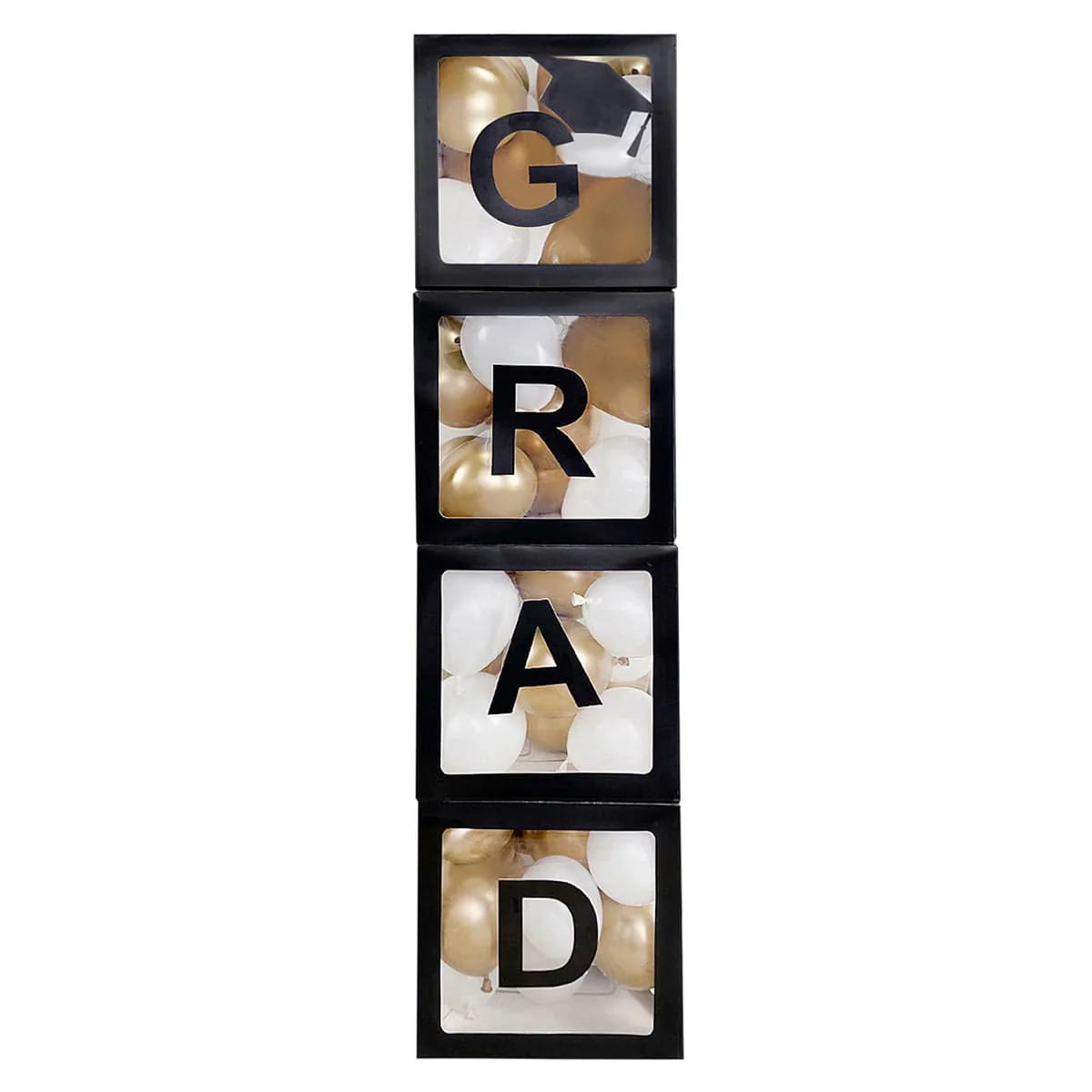Black Transparent Balloon Boxes with "Grad" Letters, 4 Count