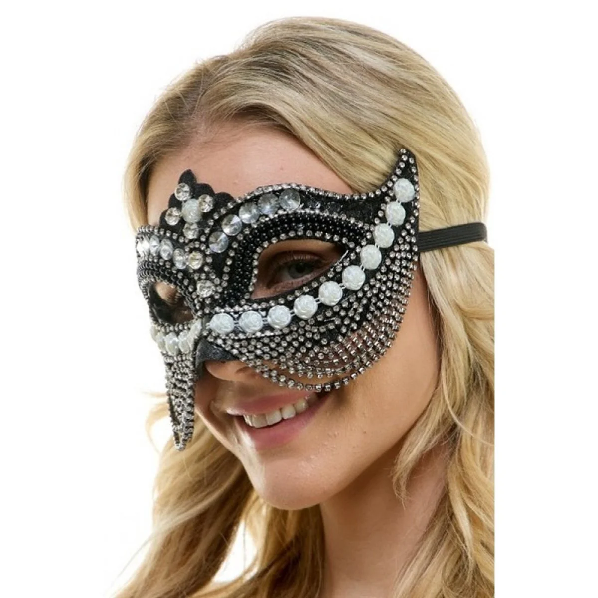 Black Venetian Mask with Chains and Pearls, 1 Count - Image 2