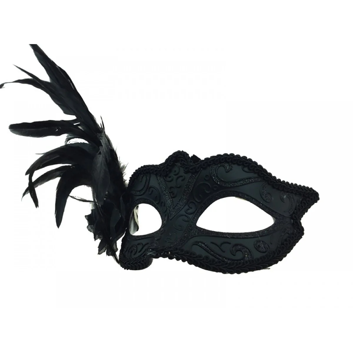 Black Flower Venetian Mask with Feather, 1 Count - Image 3