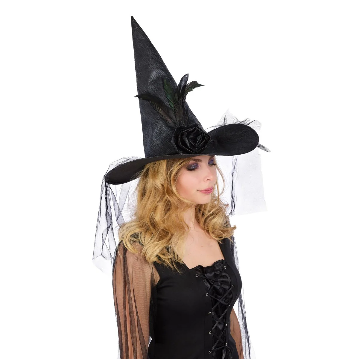 Black Witch Hat with Tulle and Feathers for Adults - Image 2