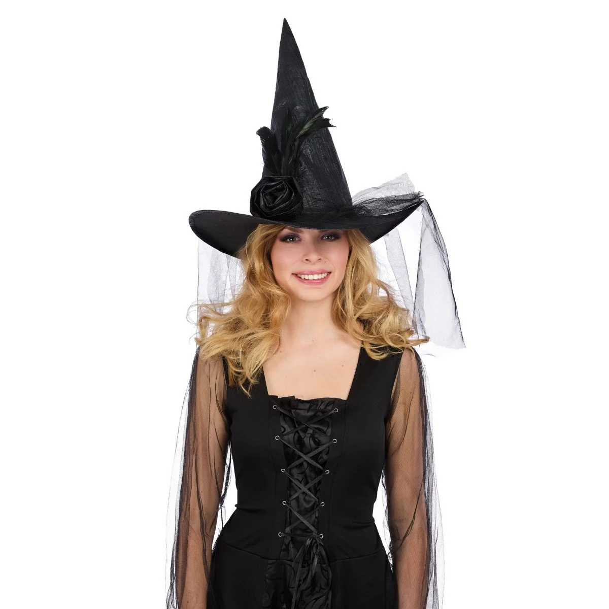 Black Witch Hat with Tulle and Feathers for Adults - Image 3