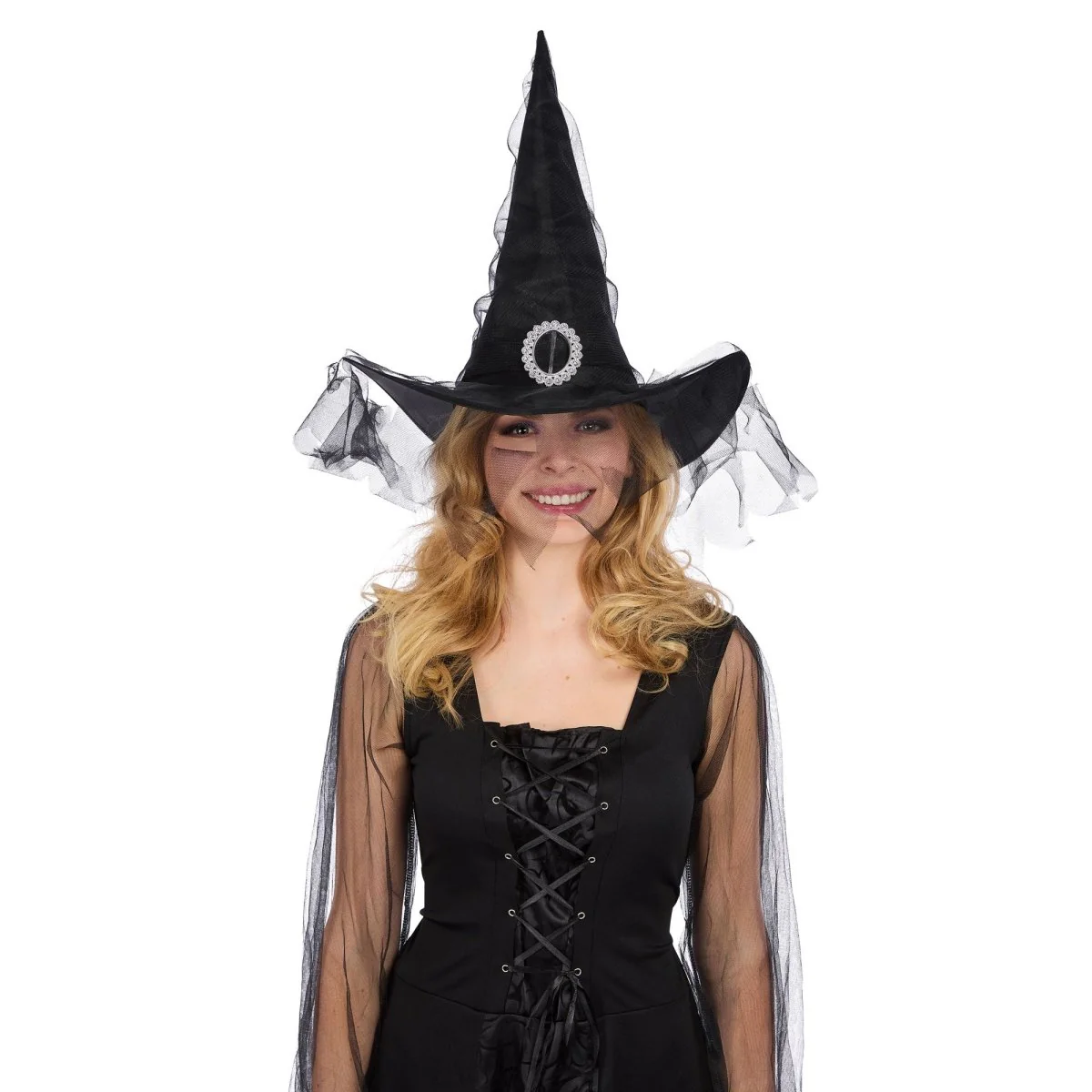 Black Witch Hat with Tulle and Jewel for Adults