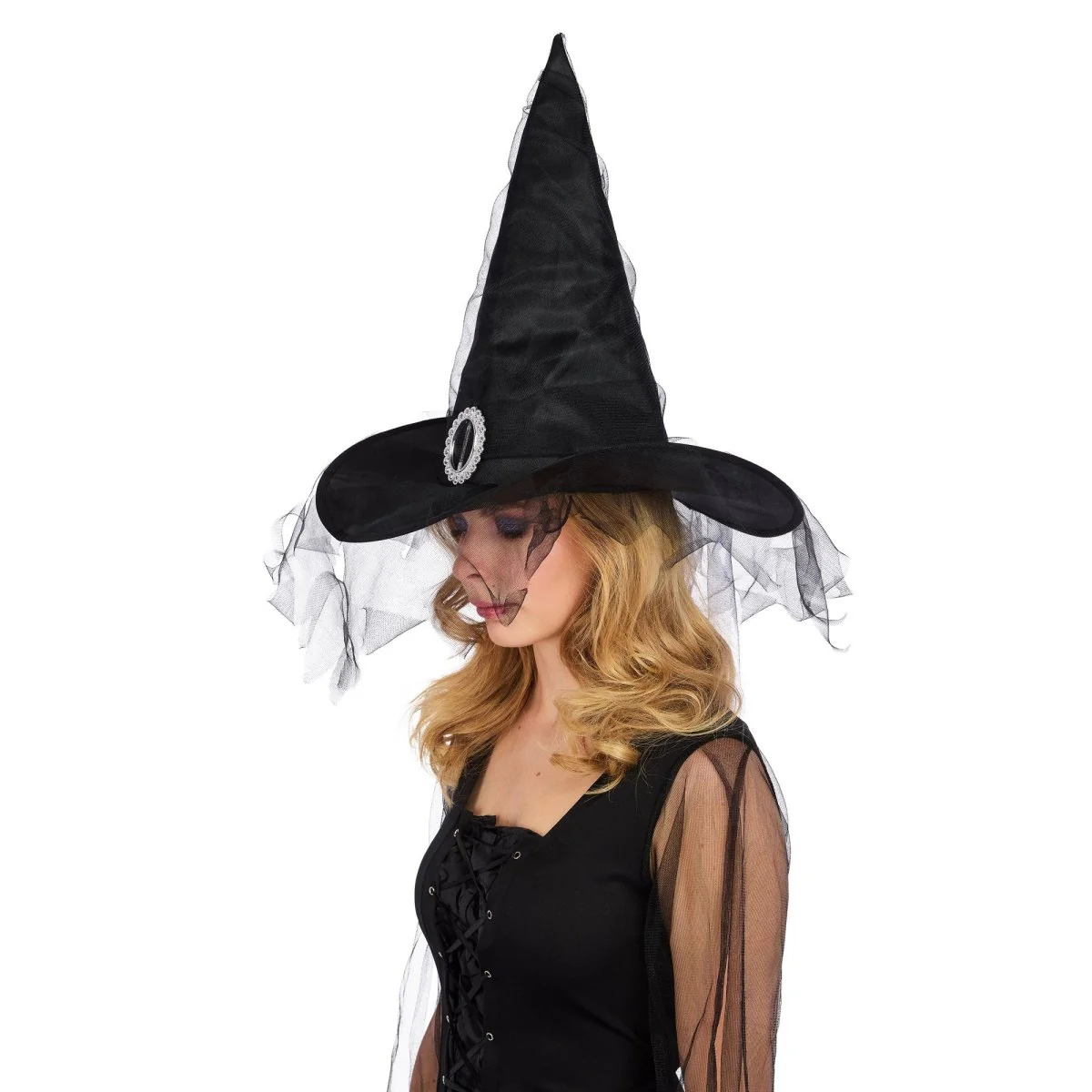 Black Witch Hat with Tulle and Jewel for Adults - Image 2