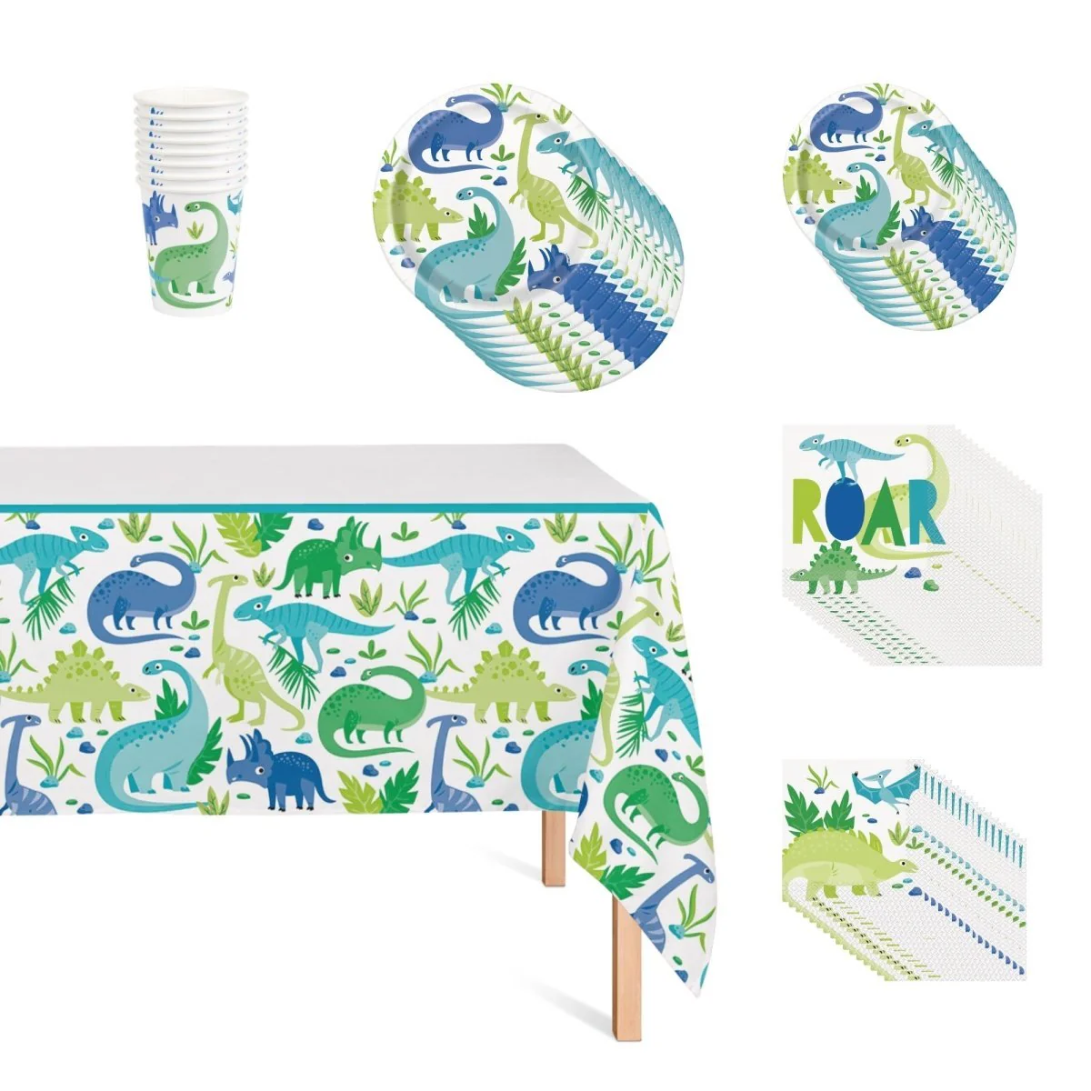 Blue and Green Dinosaurs Basic Tableware Birthday Party Supplies Kit, 8 Guests