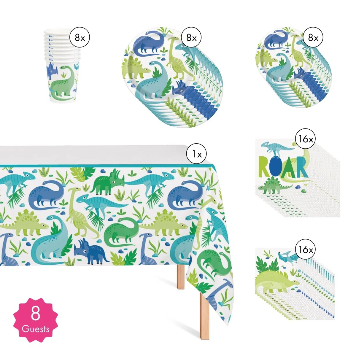 Blue and Green Dinosaurs Basic Tableware Birthday Party Supplies Kit, 8 Guests - Image 2