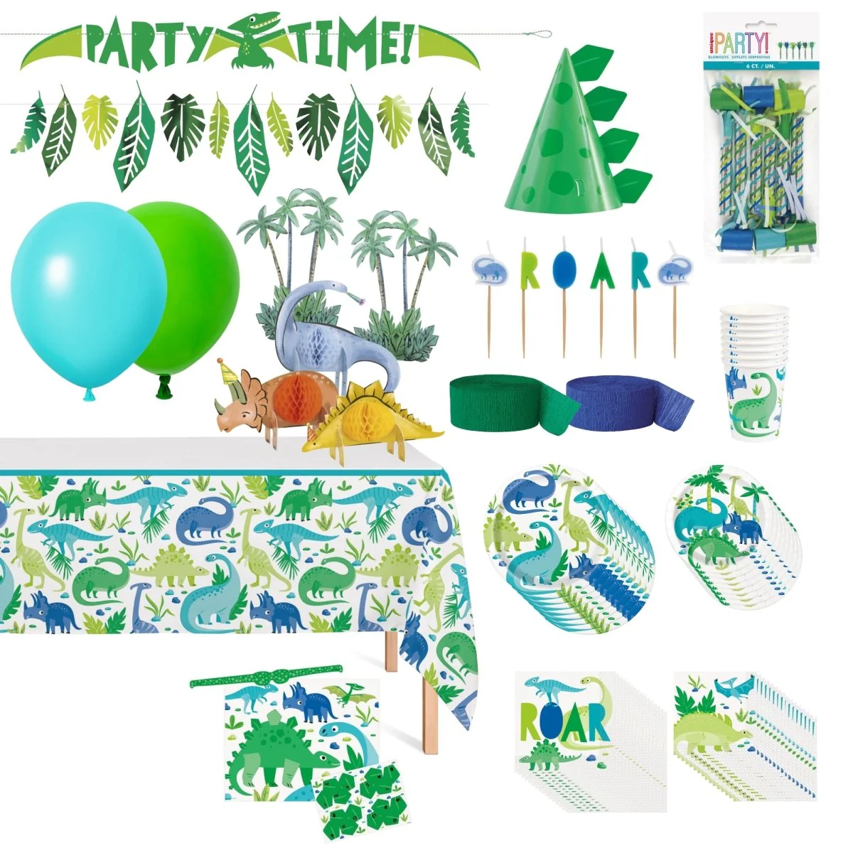 Blue and Green Dinosaurs Standard Birthday Party Supplies Kit, 8 Guests