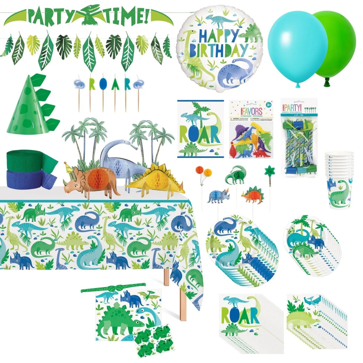 Blue and Green Dinosaurs Ultimate Birthday Party Supplies Kit, 8 Guests