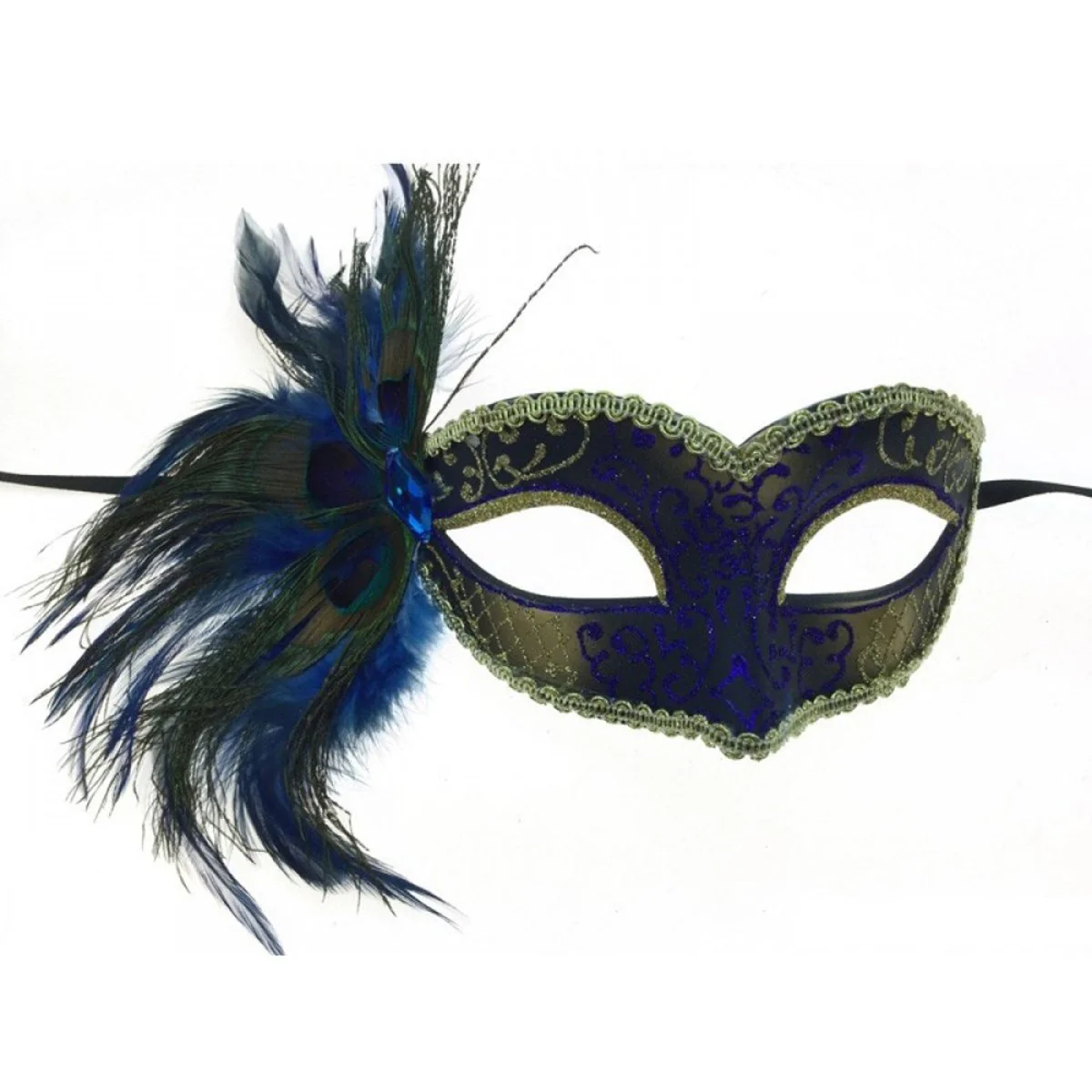 Blue Venetian Mask with Side Feather, 1 Count