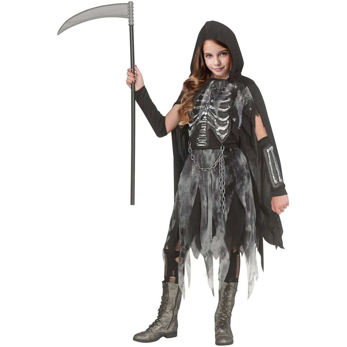 Bone Reaper Costume for Kids, Black Hooded Cape and Dress