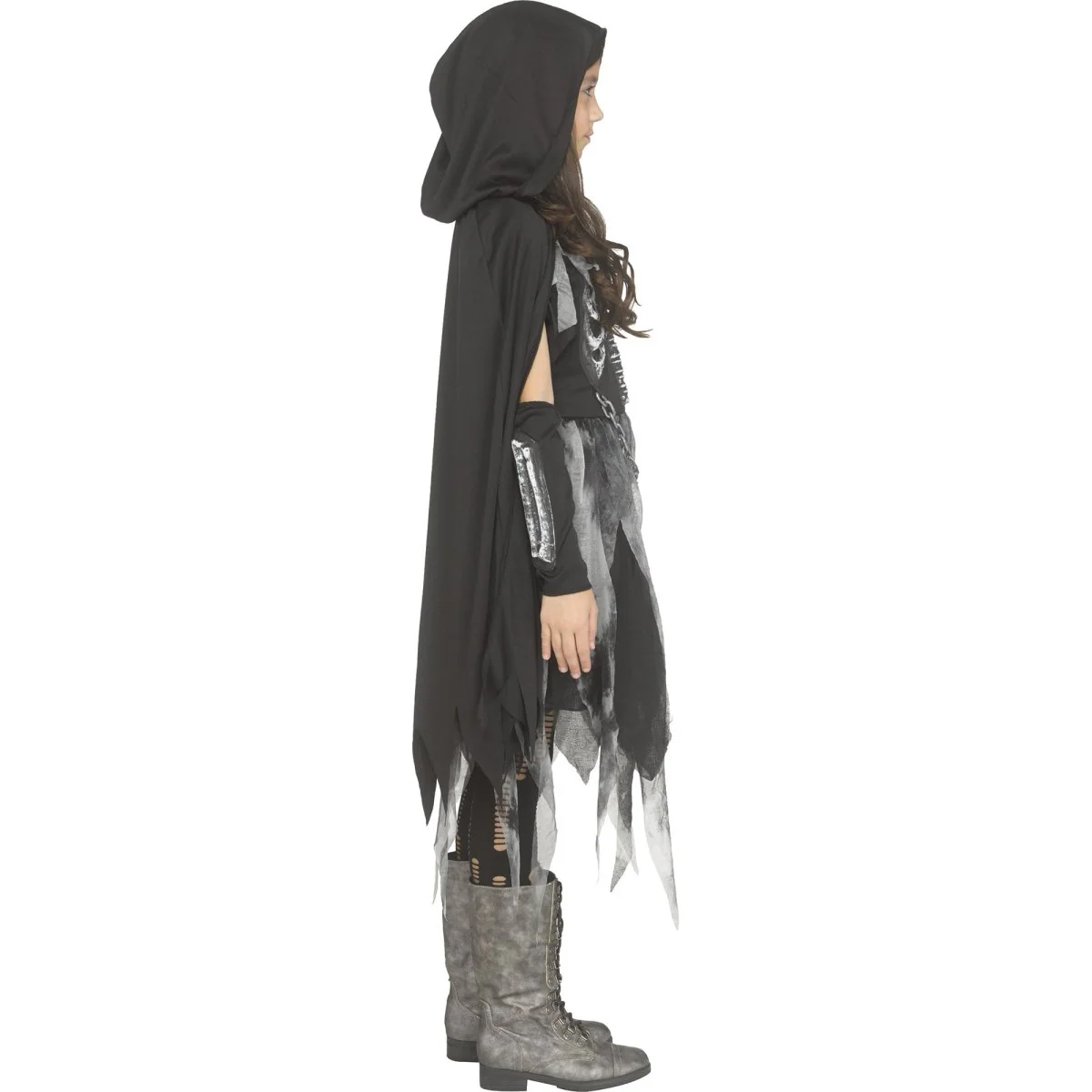 Bone Reaper Costume for Kids, Black Hooded Cape and Dress - Image 2