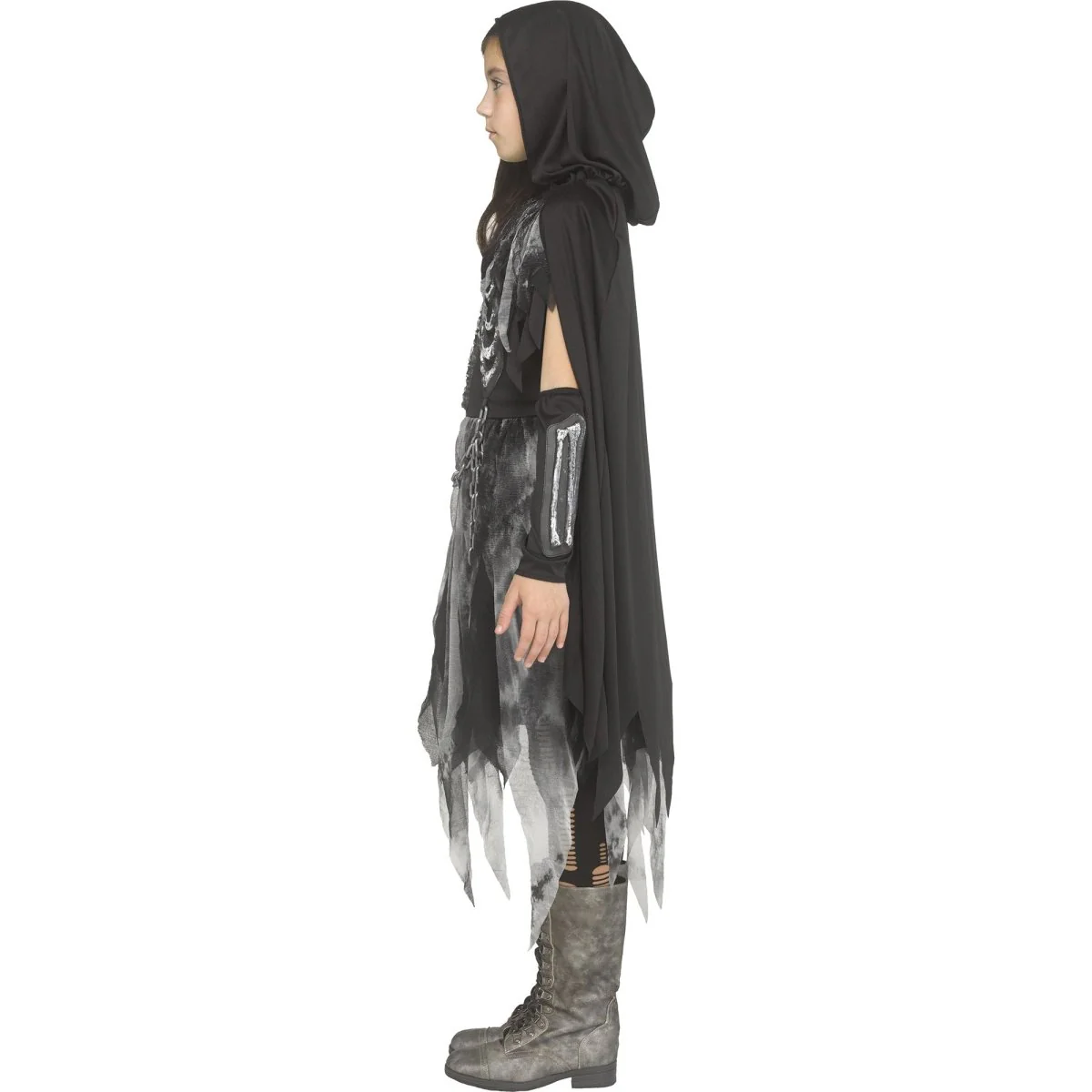Bone Reaper Costume for Kids, Black Hooded Cape and Dress - Image 4