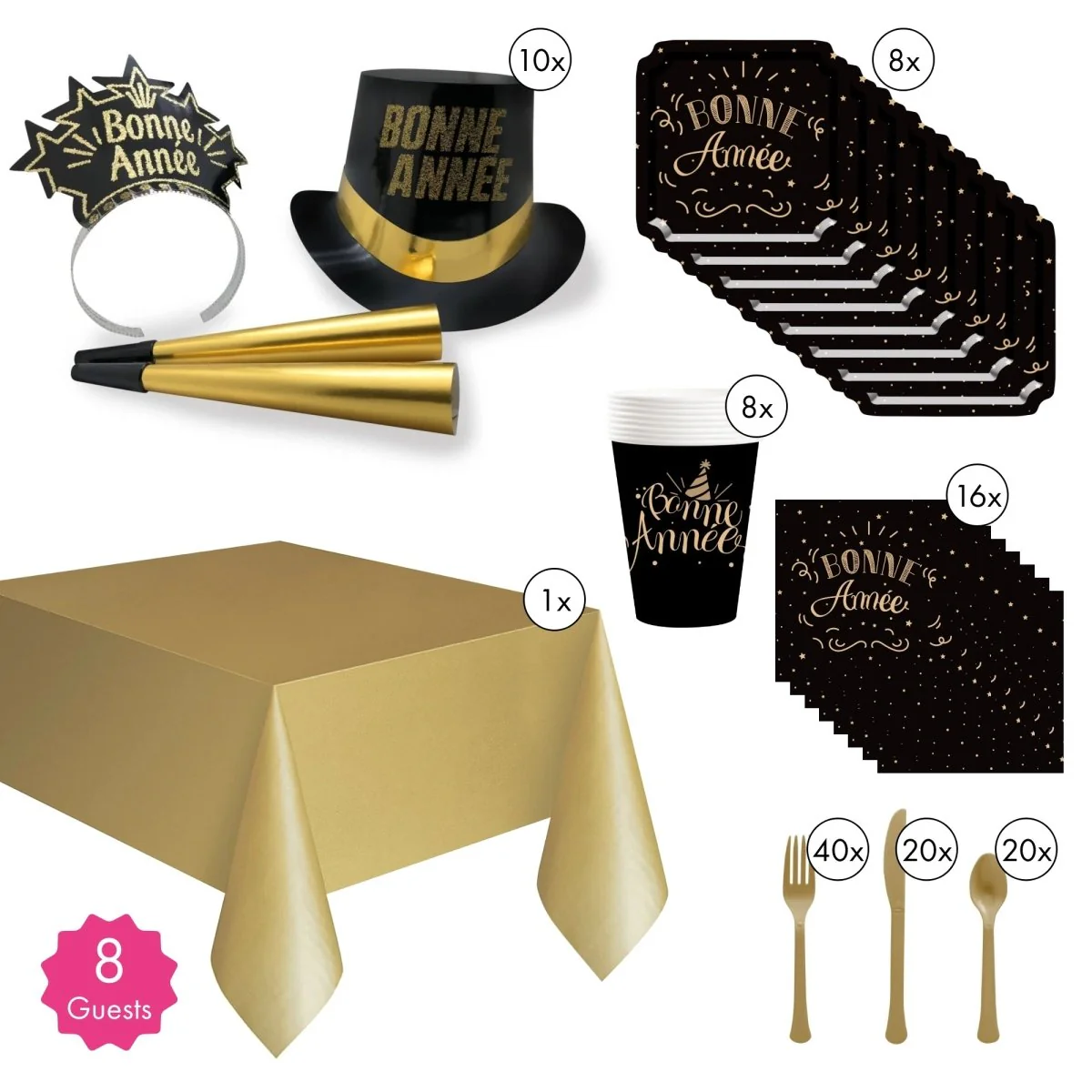 Bonne Année 2026 Party Supplies Kit, 8 Guests