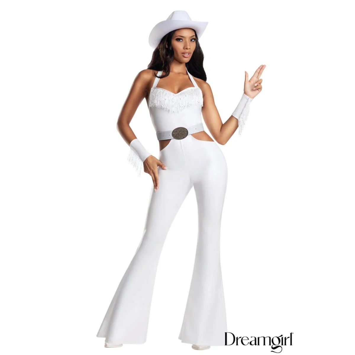 Buckle Bunny Cowgirl Costume for Adults, White Jumpsuit