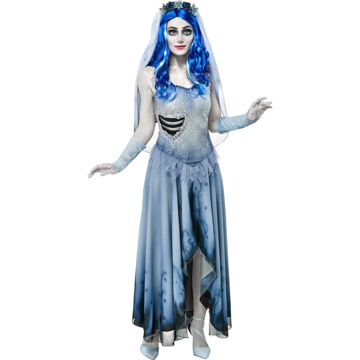 Emily the Corpse Bride Costume for Adults, Blue Dress with Veil and Gauntlets