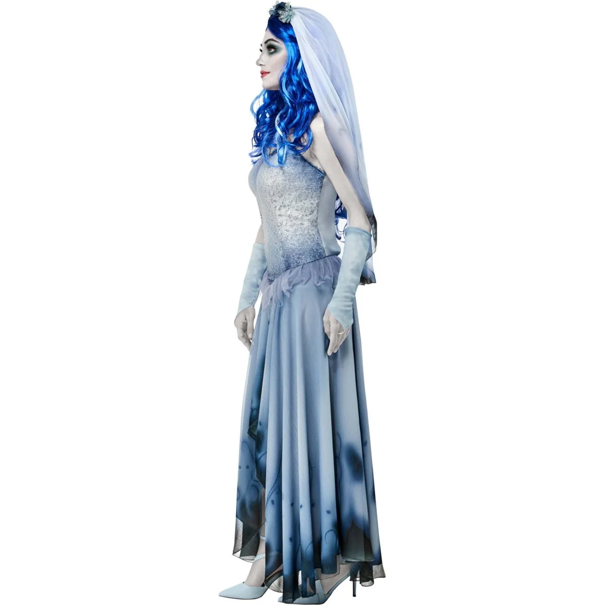 Emily the Corpse Bride Costume for Adults, Blue Dress with Veil and Gauntlets - Image 2