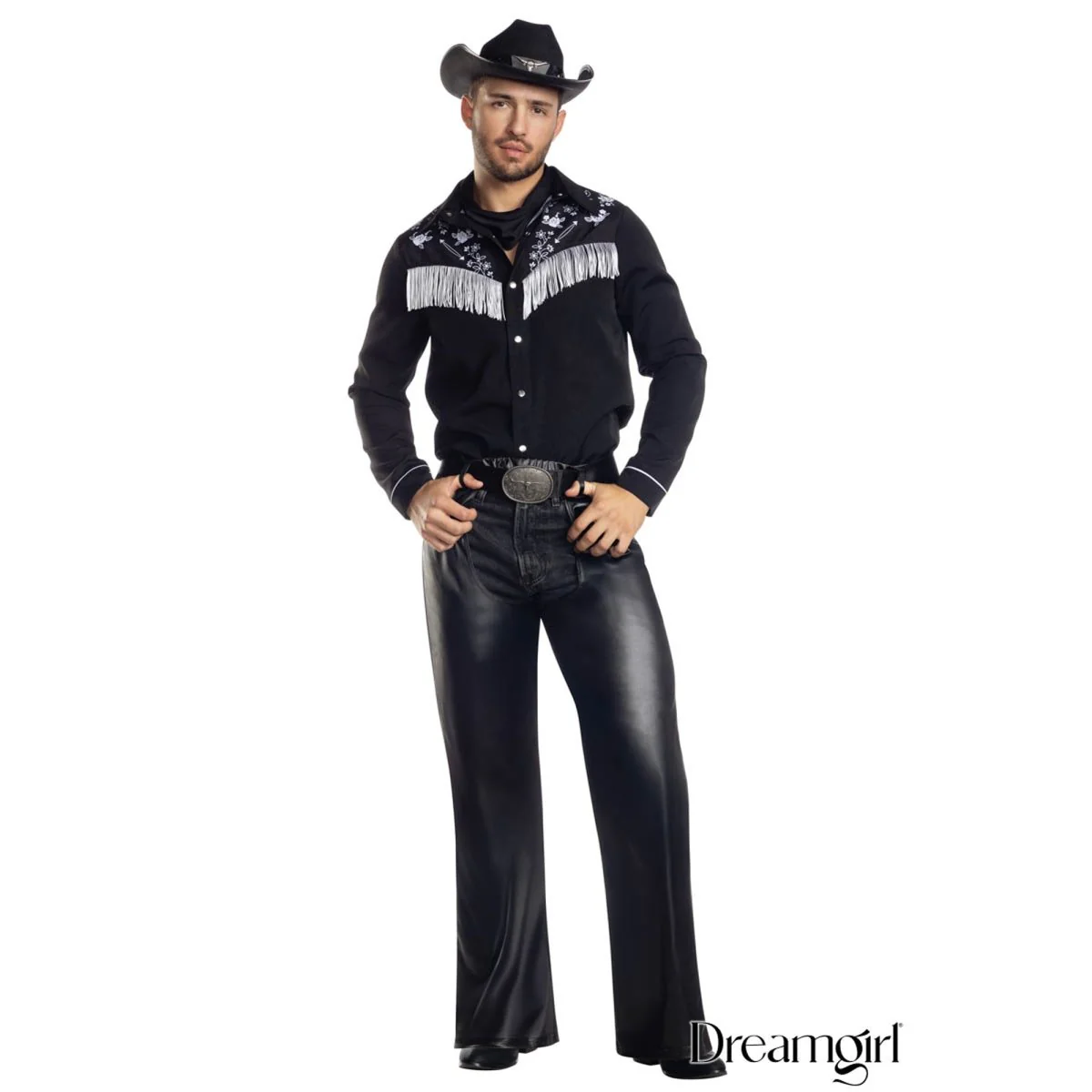 Cowboy Jim Costume for Adults, Black Shirt with Fringe