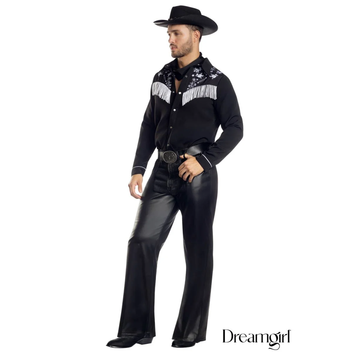 Cowboy Jim Costume for Adults, Black Shirt with Fringe - Image 2