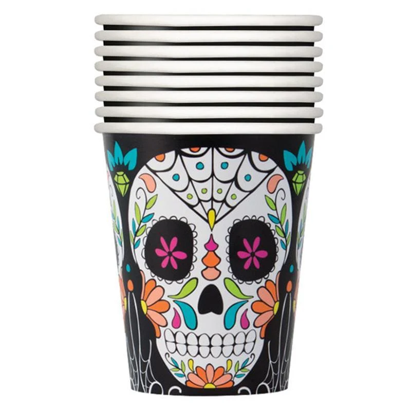 Day of the Dead Sugar Skulls paper cups 9 ounces, 8 per package