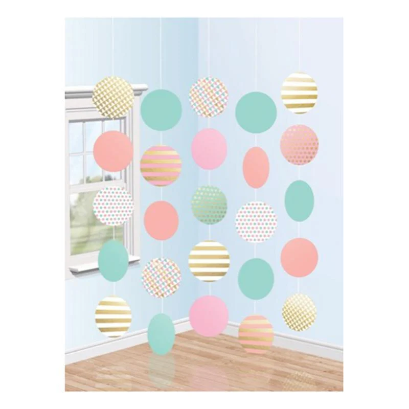 Pastel string decorations with circles, 5 per package
