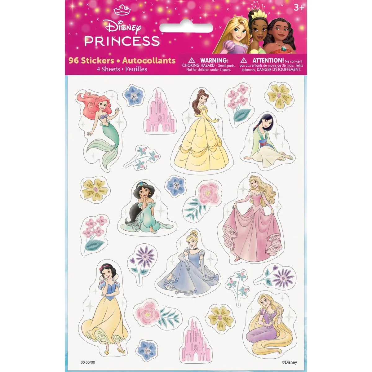 Disney Princess Glitter Stickers, 4 Sheets, 96 Count