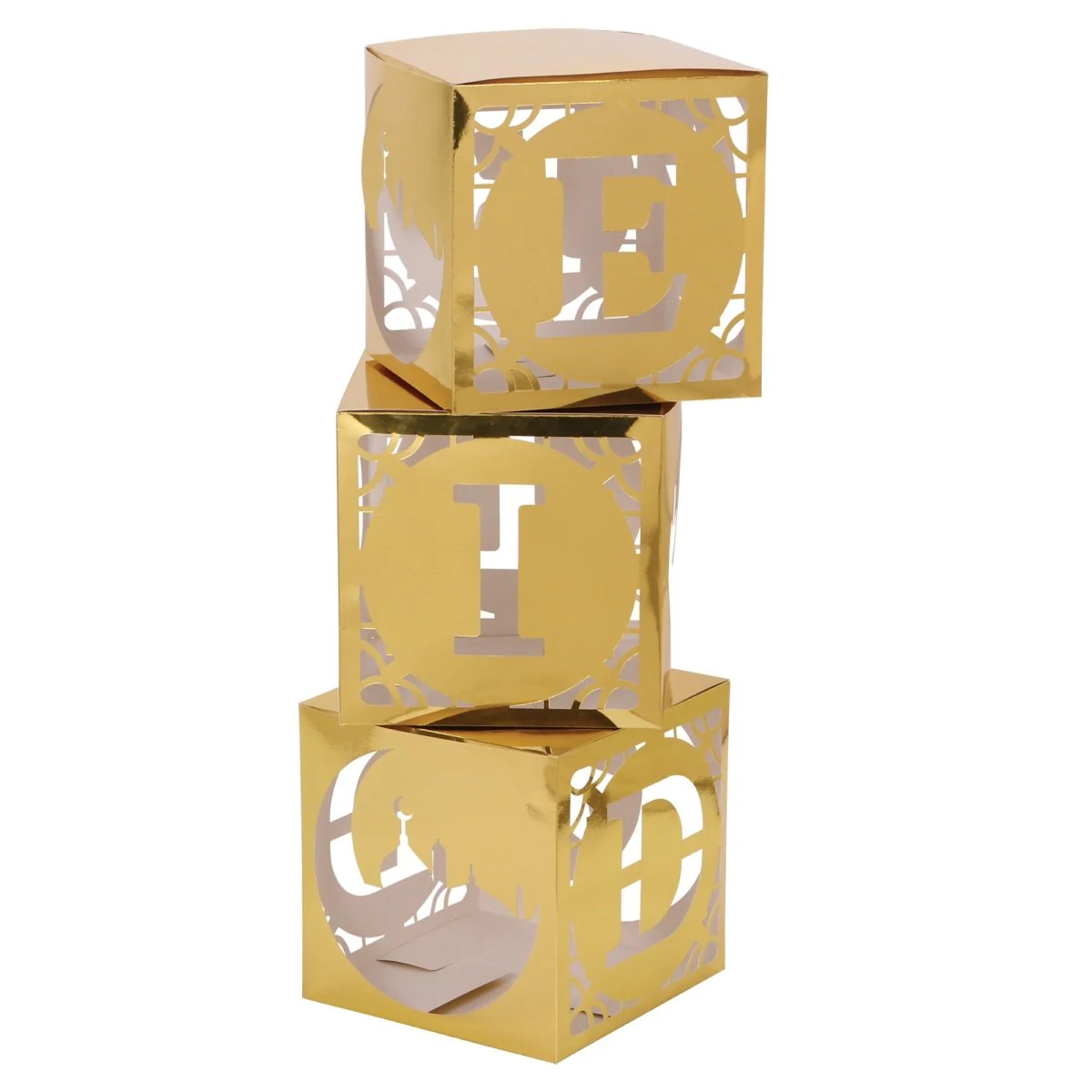 Eid Celebration Gold Boxes with LED Lights, Set of 3 Boxes