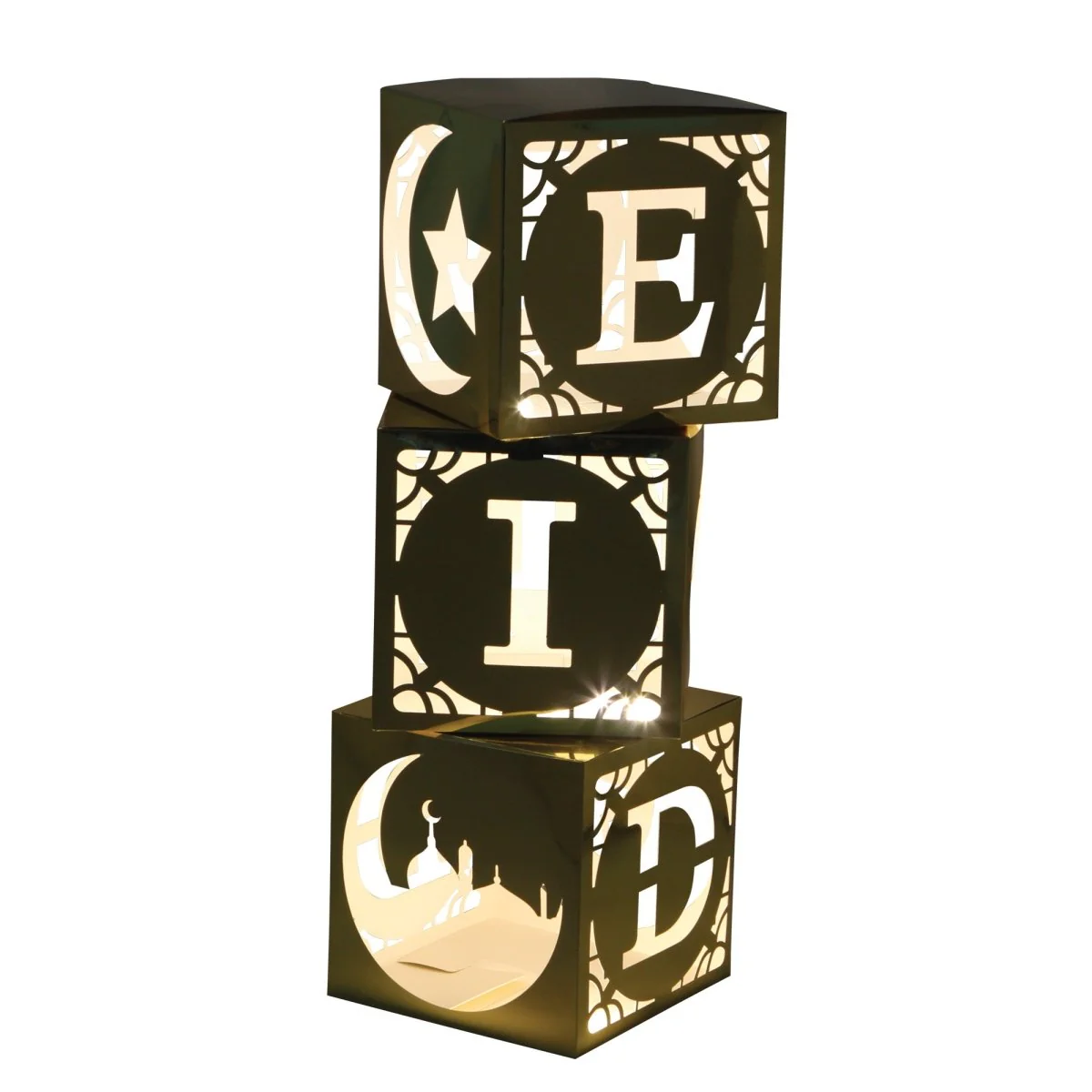 Eid Celebration Gold Boxes with LED Lights, Set of 3 Boxes - Image 2