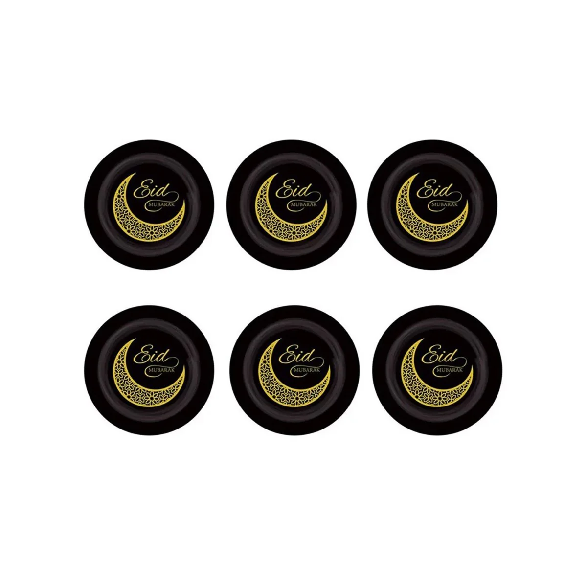 Eid Celebration Black Round Plates, 7 Inches, 6 Count