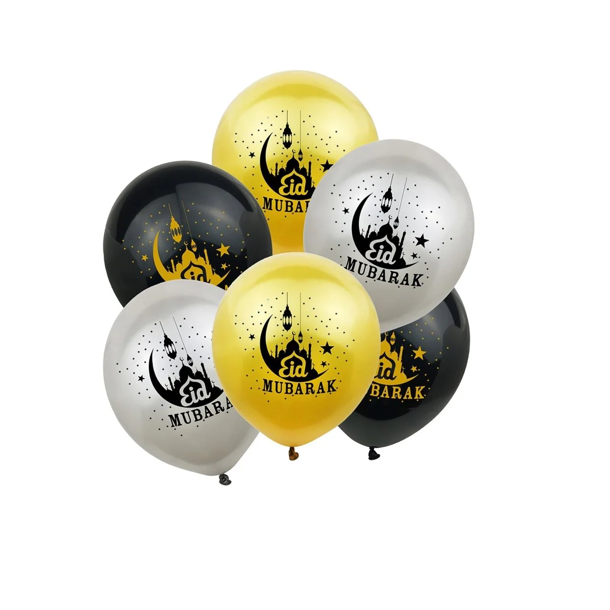 Eid Latex Balloons, Black, Yellow and Silver, 12 Inches, 12 Count