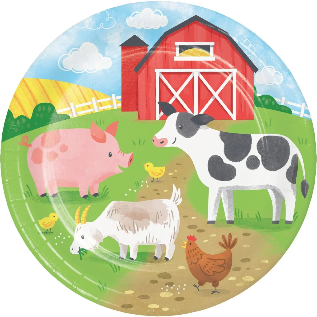 Farm Animals Birthday Large Round Lunch Paper Plates, 9 Inches, 8 Count
