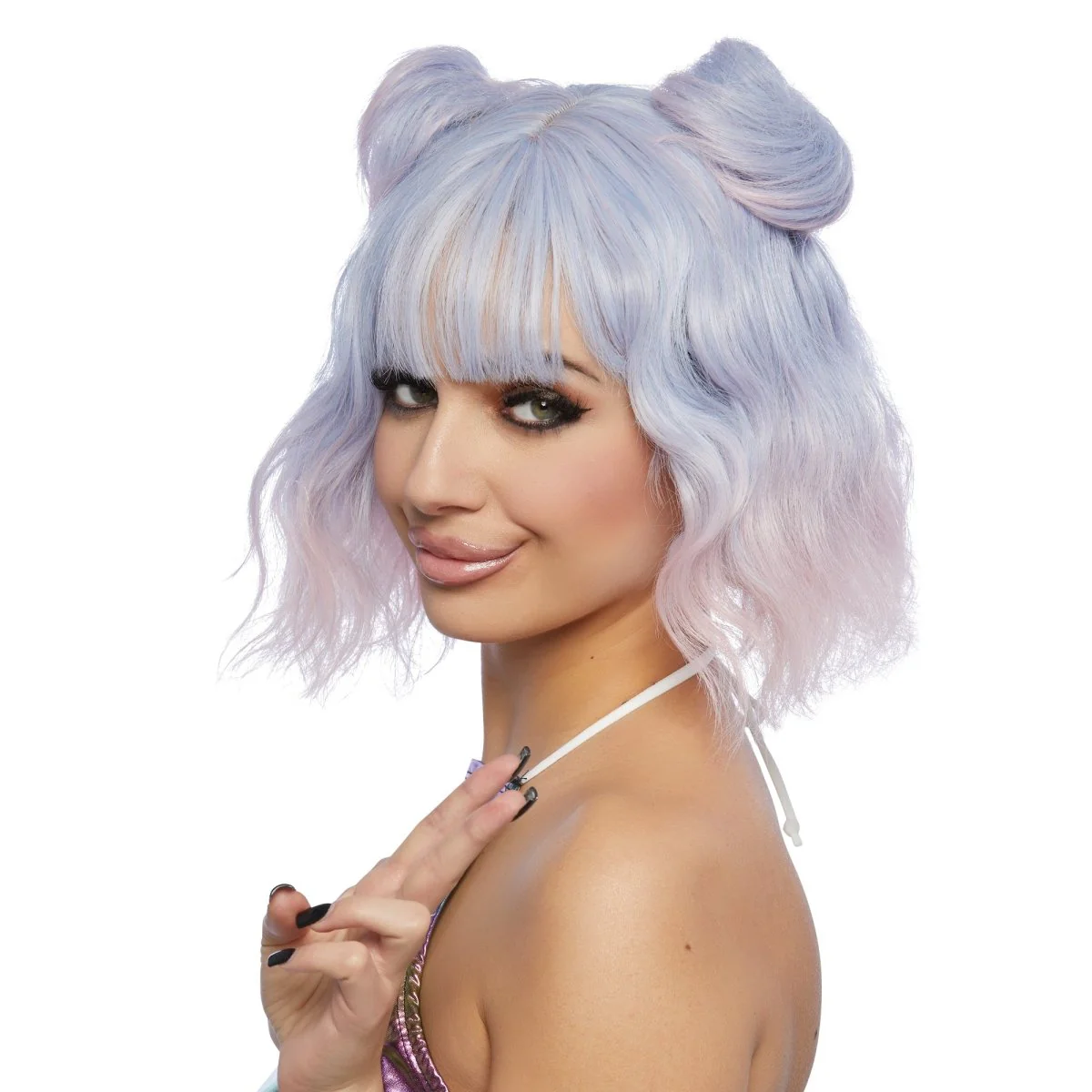 Festival Blue and Pink Short Wavy Wig for Adults - Image 2