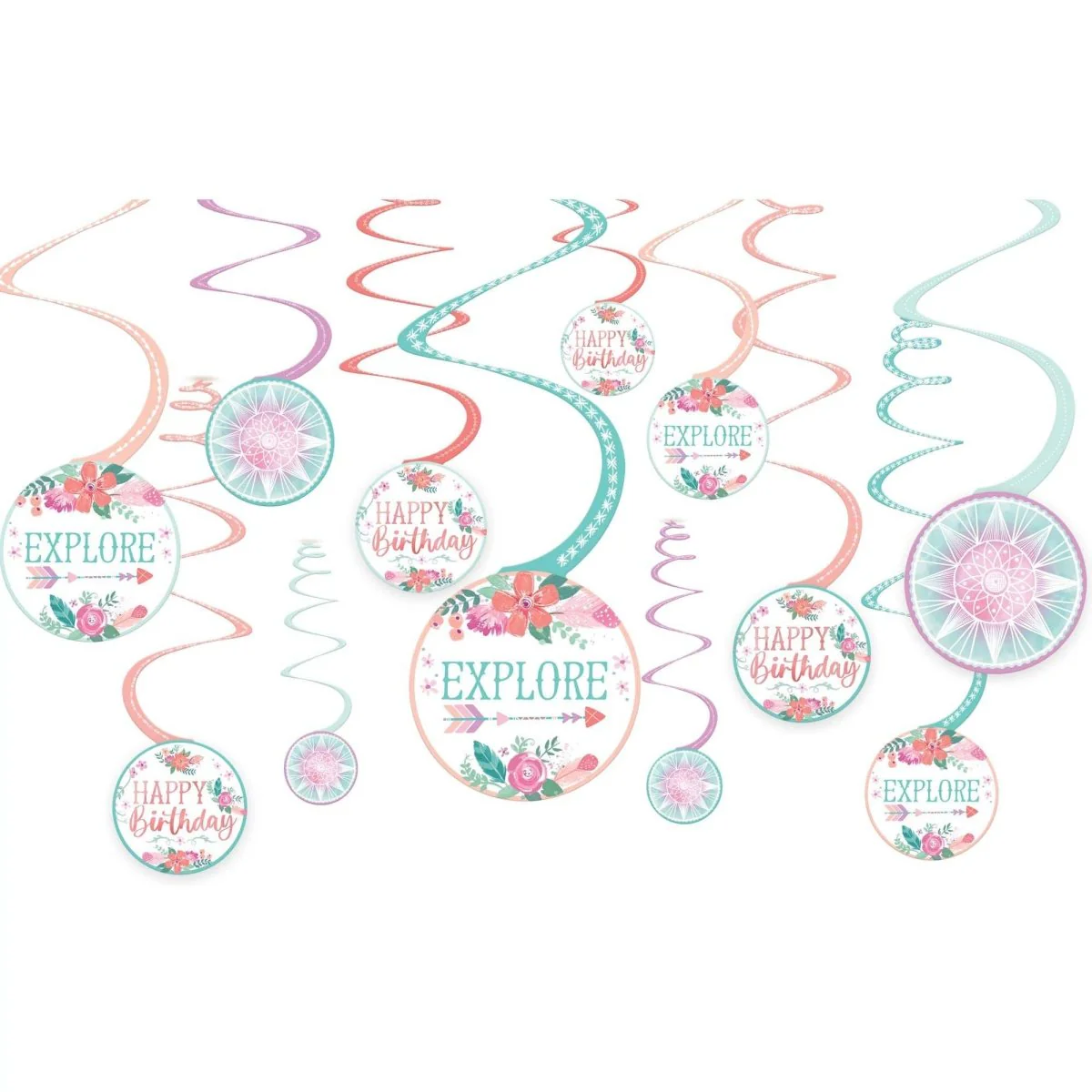 Free Spirit Birthday Spiral Decoration Kit with Cutouts, 12 Count