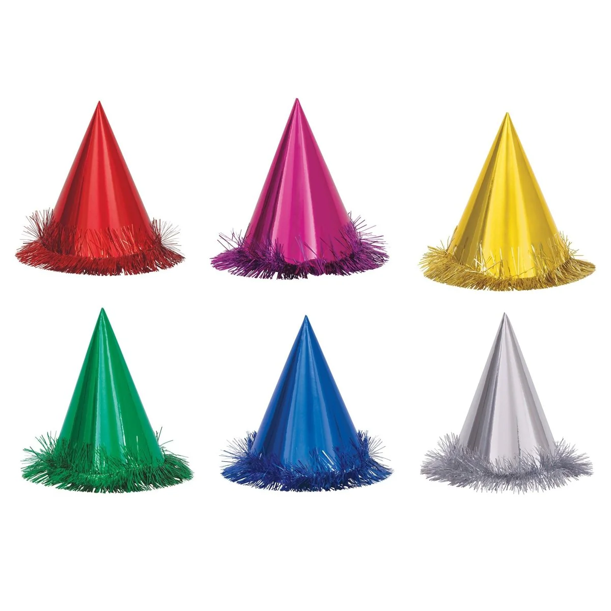 Fringed Foil Party Hats, Assortment, 6 Count