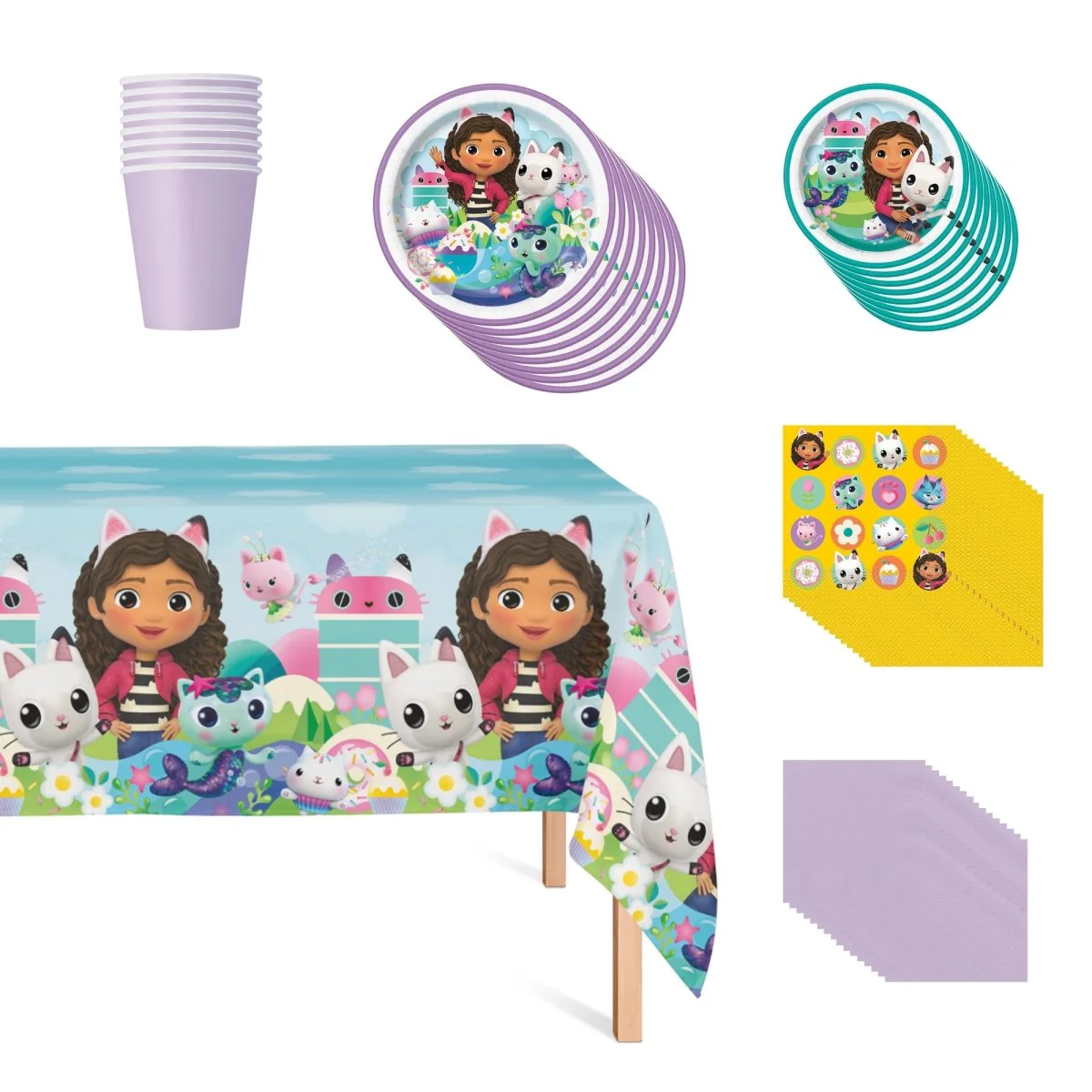 Gabby's Dollhouse Basic Tableware Birthday Party Supplies Kit, 8 Guests