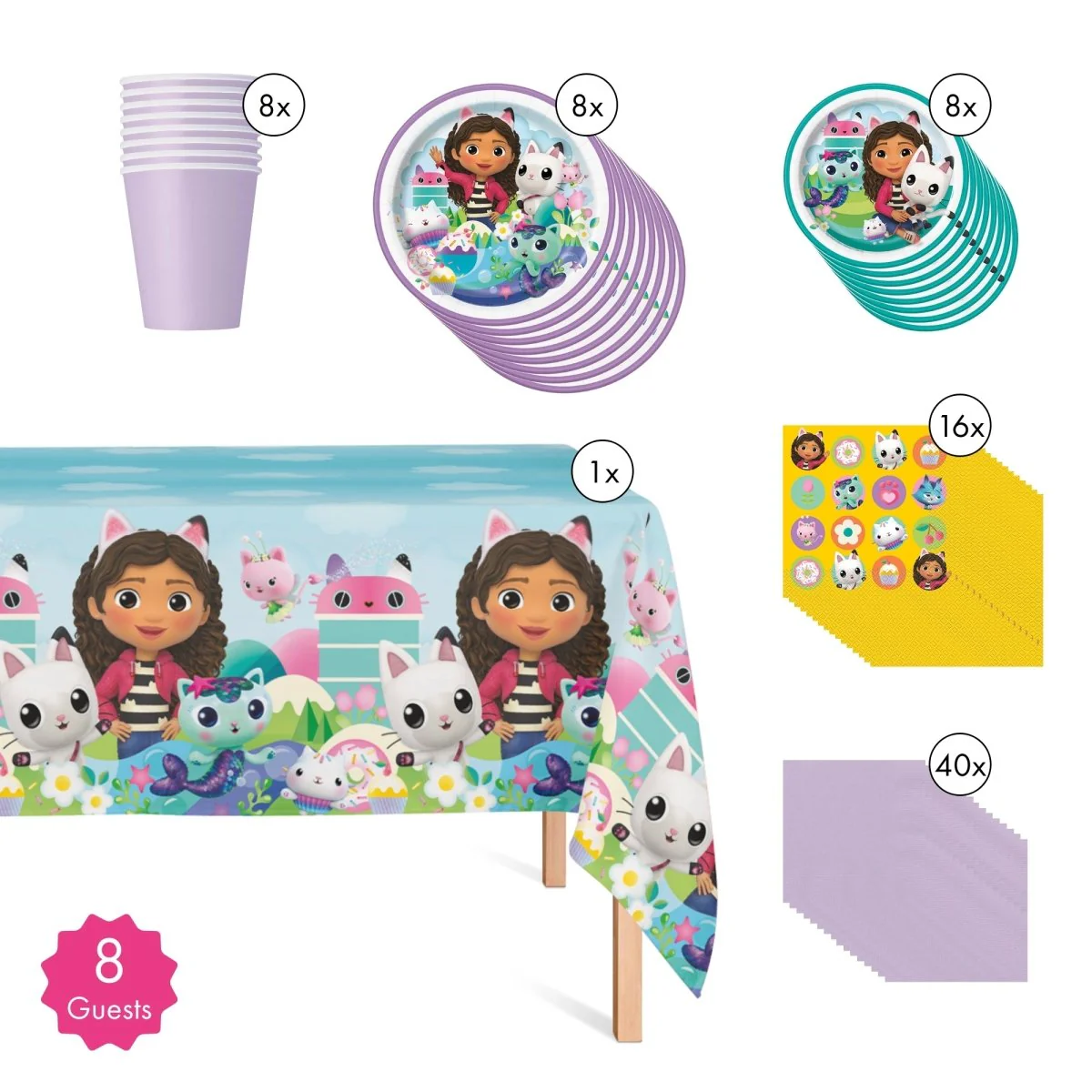 Gabby's Dollhouse Basic Tableware Birthday Party Supplies Kit, 8 Guests - Image 2