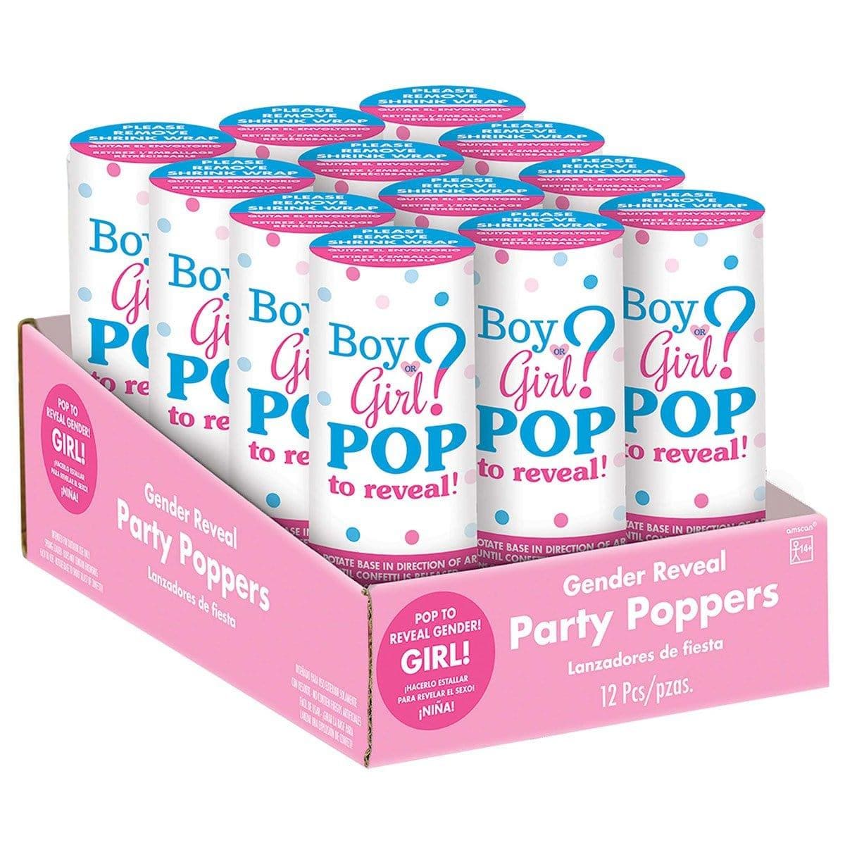 Gender reveal pink confetti poppers, 12 per package