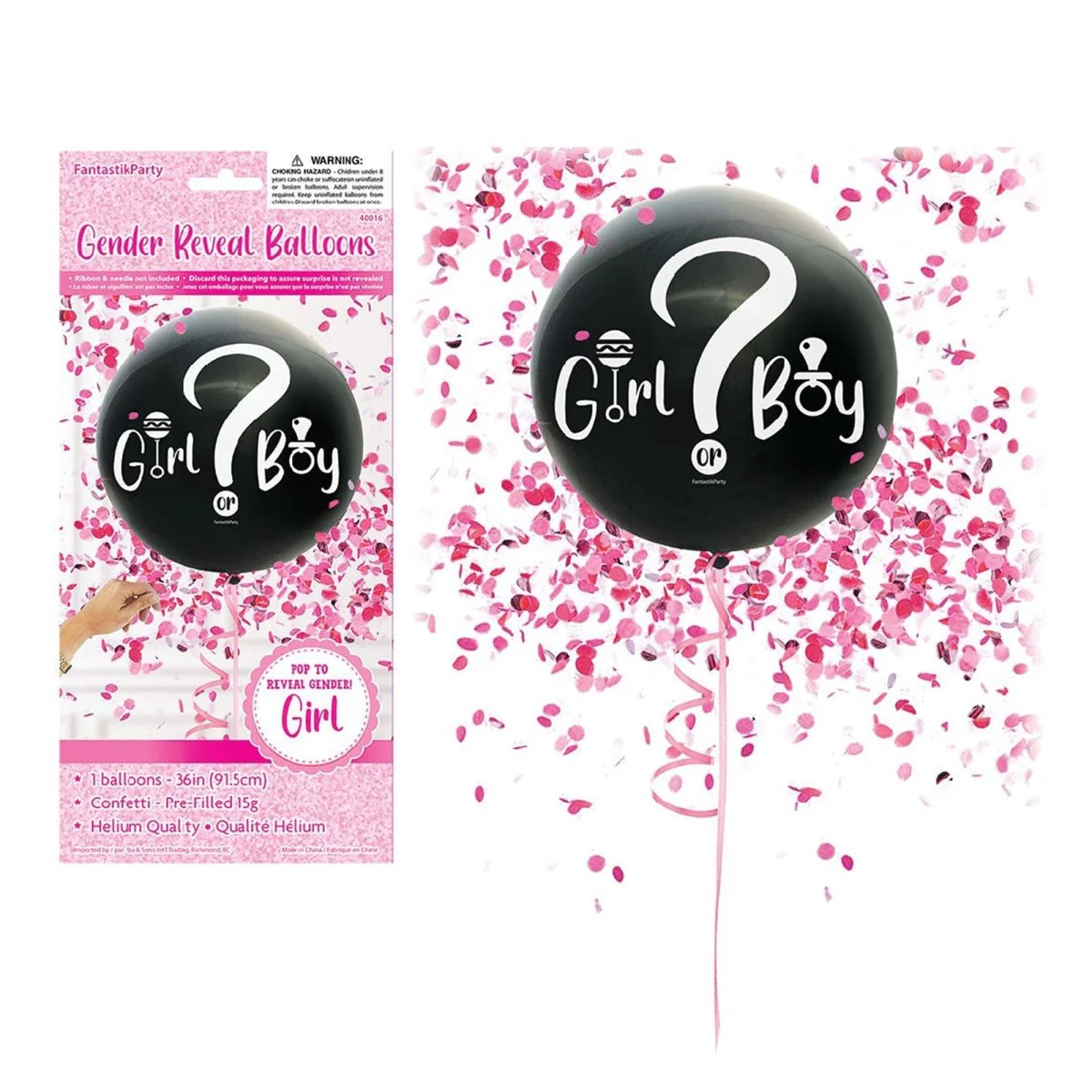 Gender Reveal Latex Balloon with Pink Confetti, 36 Inches, 1 Count
