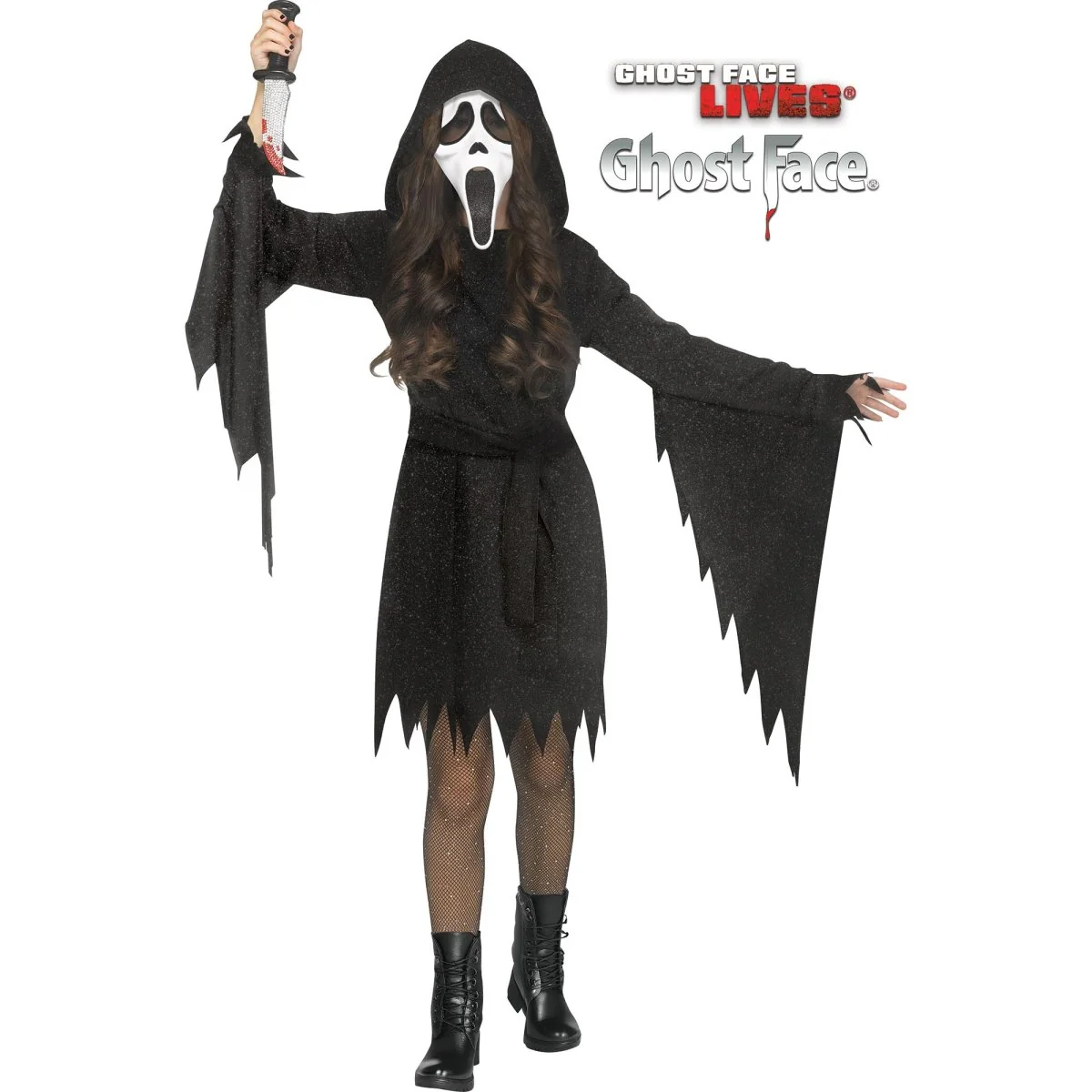 Glitter Ghost Face Costume for Kids, Scream, Black Hooded Dress with Belt