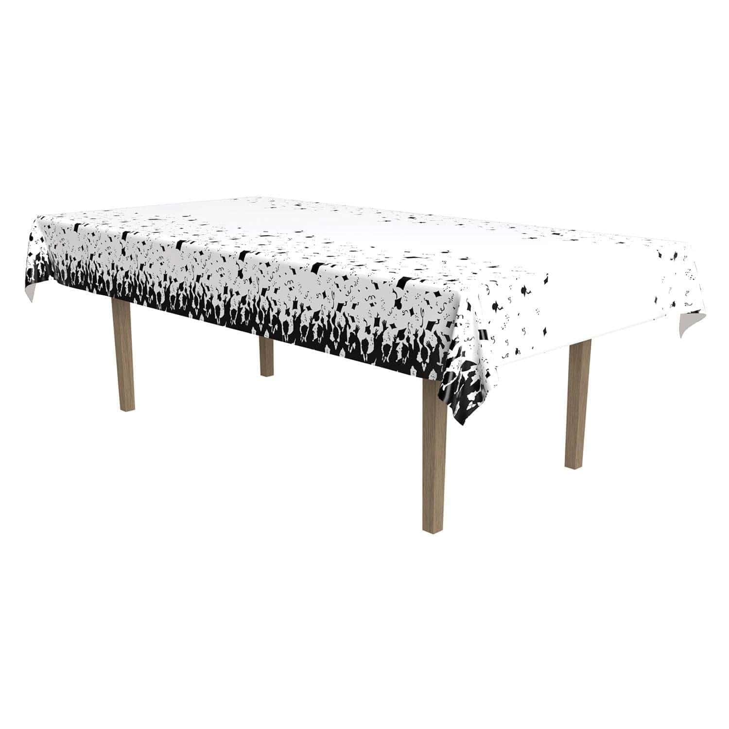 Graduation Caps Table Cover, 54" x 108", Plastic, Black and White