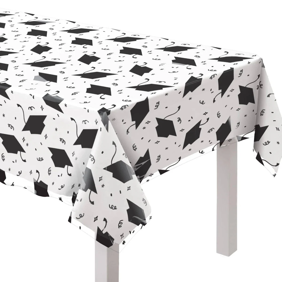 Clear Graduation Table Cover with Black Hats, 52 x 90 Inches