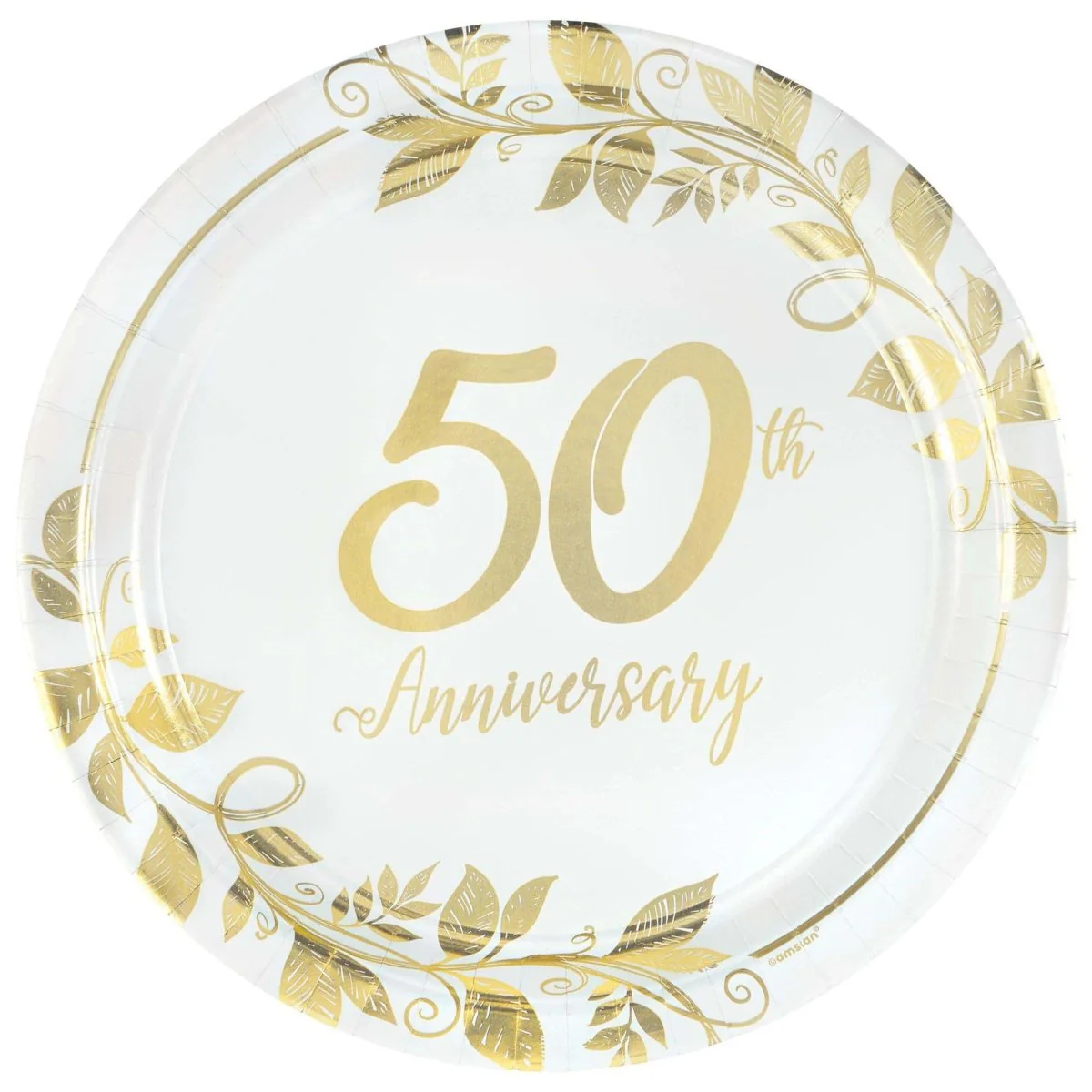 Happy 50th Anniversary Gold Large Round Lunch Paper Plates, 10 Inches, 8 Count