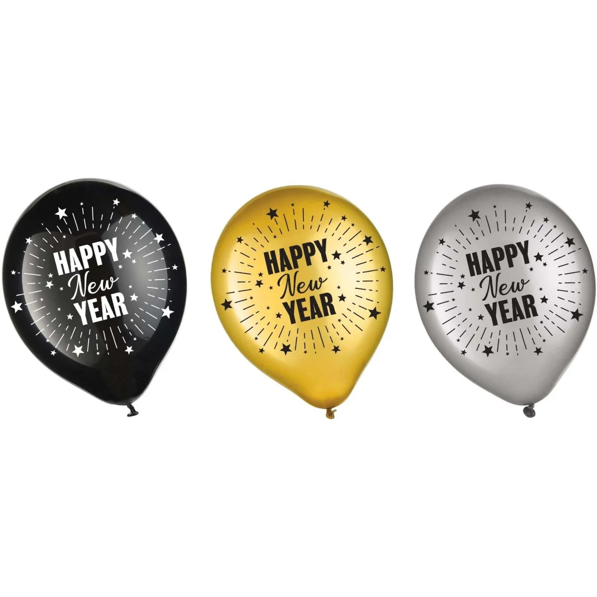 Happy New Year Latex Balloons, Black, Gold and Silver, 12 Inches, 15 Count