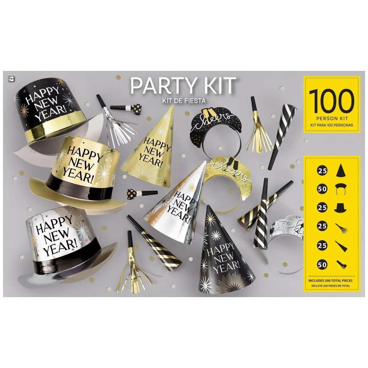 Happy New Year Party Kit for 100 Person, Black, Gold and Silver, 200 Count