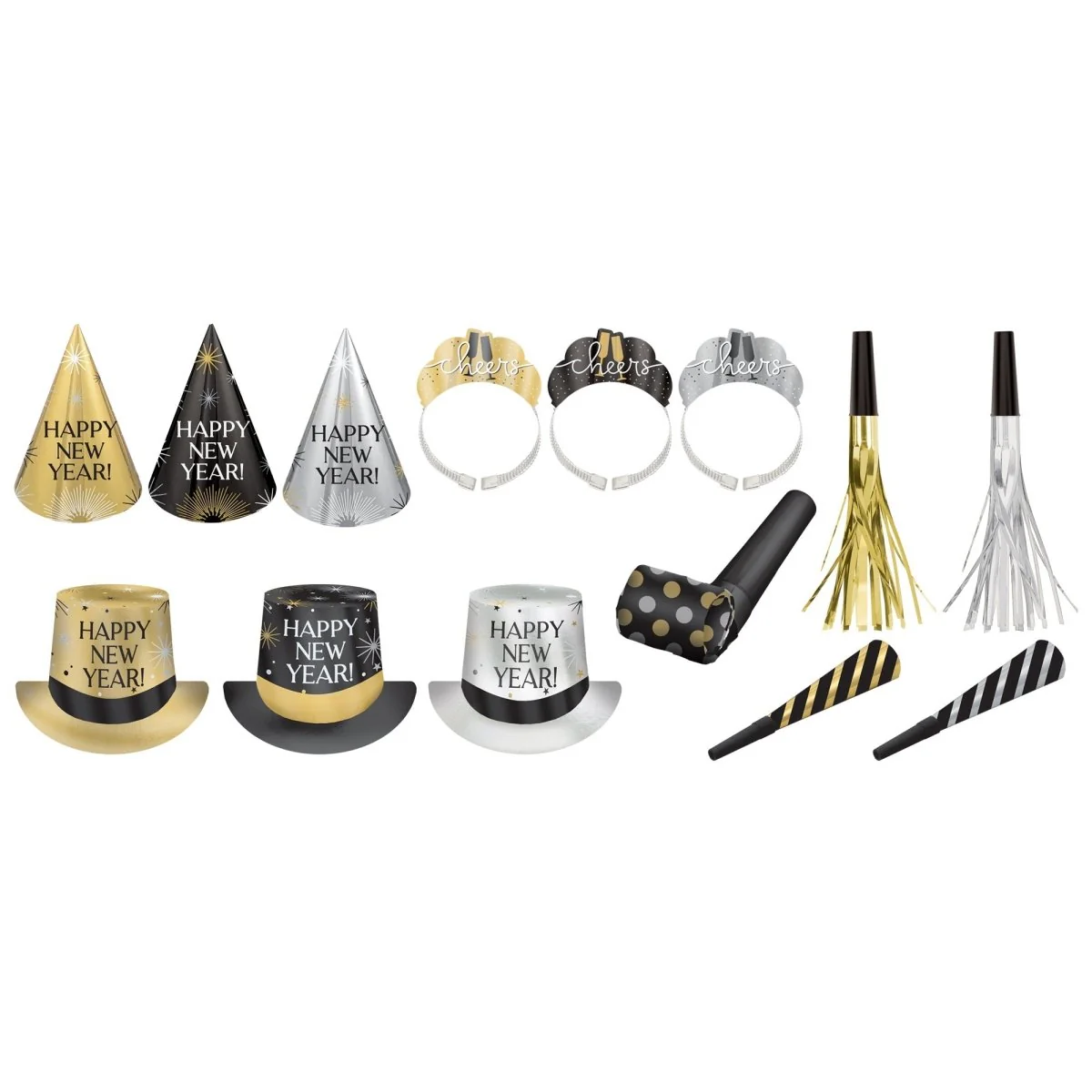 Happy New Year Party Kit for 100 Person, Black, Gold and Silver, 200 Count - Image 2
