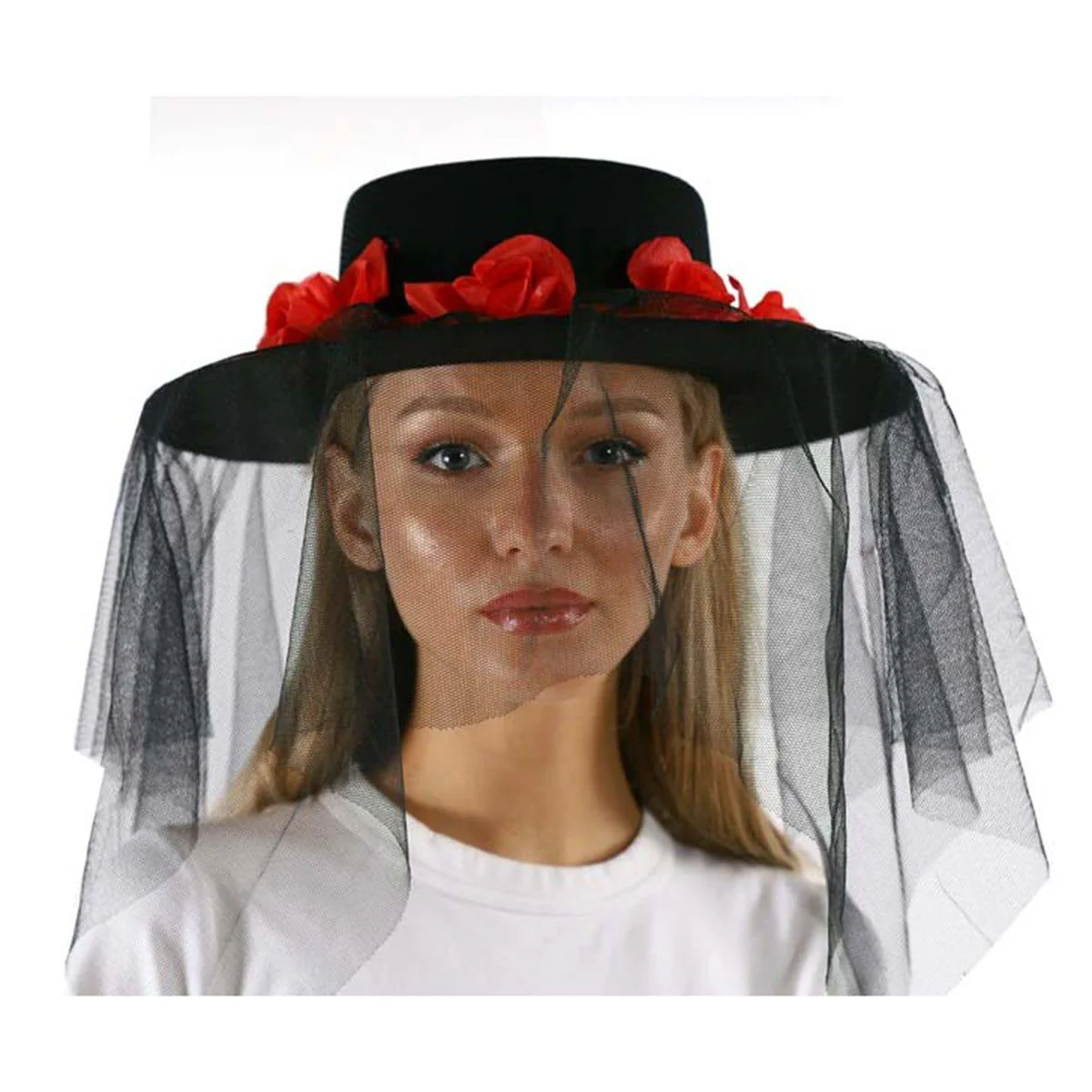 Hat with red flowers & veil for adults - Image 2