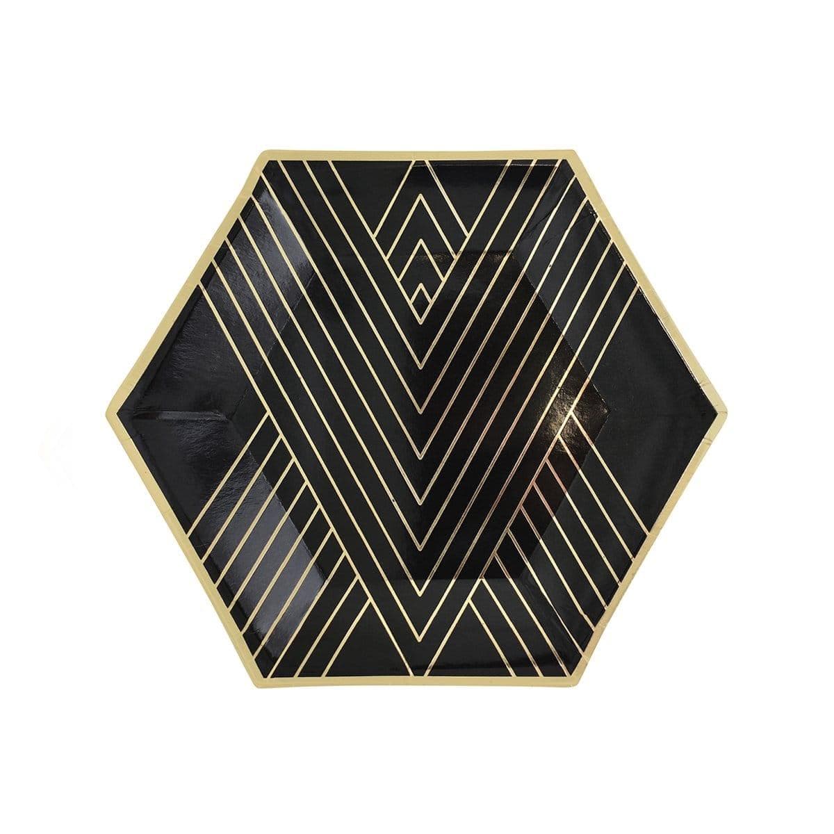 Hexagon Plates 7'' - Black & Gold - 8/Pk